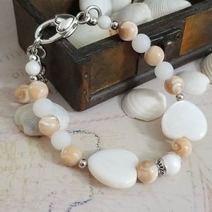 White, tan, cream, shell, heart beaded bracelet